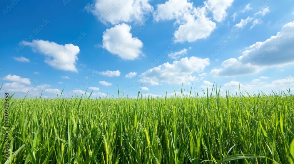 Vibrant green grass field under a bright blue sky with fluffy white clouds. Vibrant green grass field under a bright blue sky with fluffy white clouds.