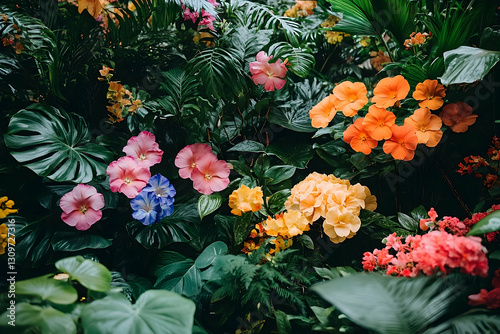 Vibrant tropical flowers in a greenhouse photo