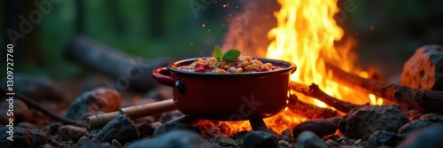 One-pot chili bubbles over crackling campfire, flames, wild chili, survival