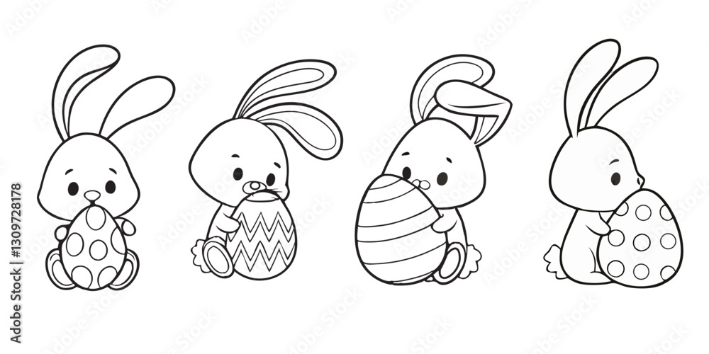 Fototapeta premium Cute Easter Bunnies with Decorated Eggs - Black and White Line Art 