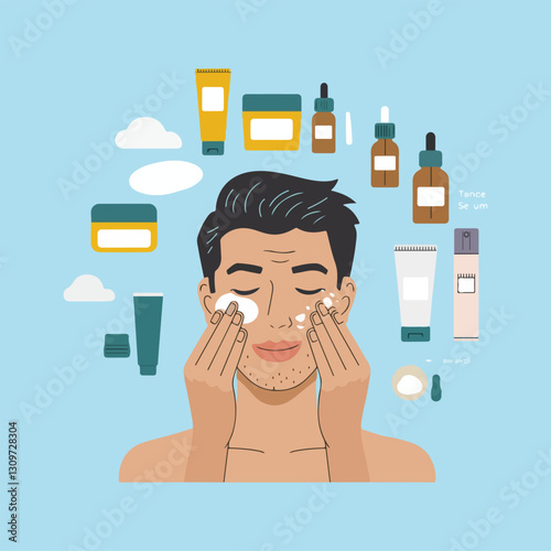 Man Using Cosmetic Products for Facial Skin. Facial Cleaning, Moisturizing and other After Shave Care. Guy Making Skincare Procedures. Flat Line Vector Illustration and Icons set