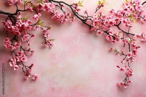 Pink cherry blossoms on pink background.