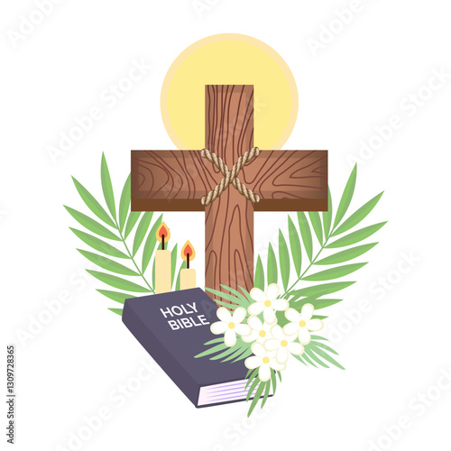 Wooden Cross with Bible, Candles, Flowers, and Palm Leaves — Symbol of Faith and Resurrection
