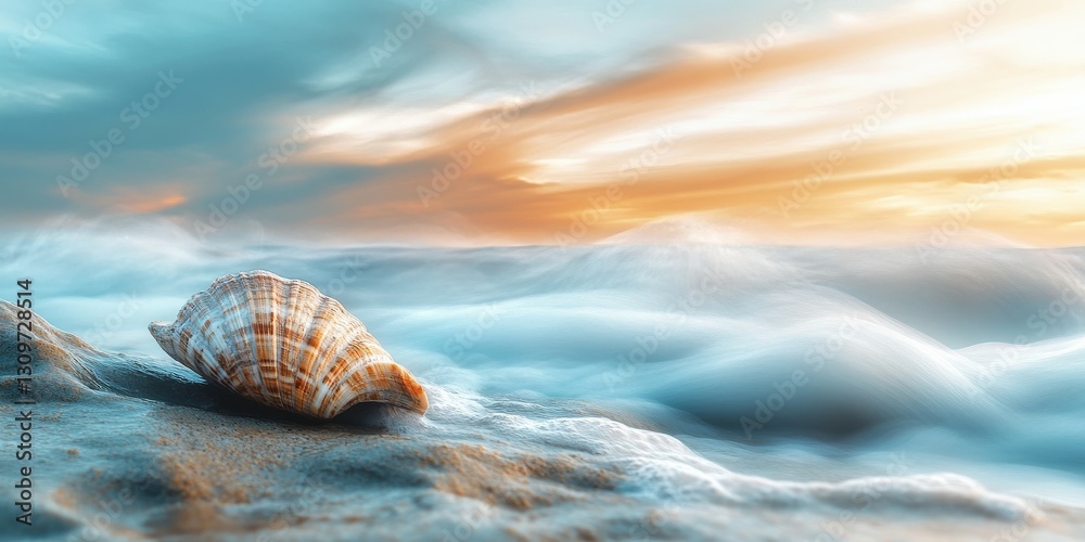 Shell rests on sandy beach during sunset over ocean waves Shell rests on sandy beach during sunset over ocean waves