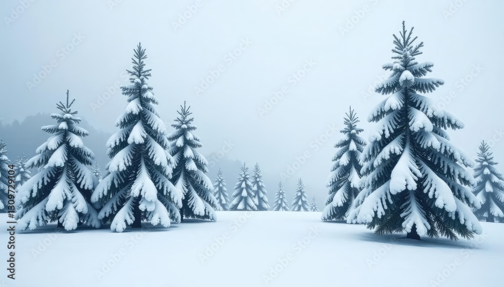Naklejka premium Snow-dusted pine trees shrouded in white haze, winter, frost, trees