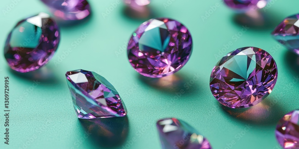 Floating alexandrite gemstones with color-changing properties on a vibrant green background