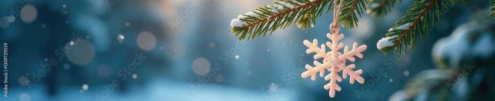 Snowflake ornament hanging from an evergreen branch, frosty, snowy scene Snowflake ornament hanging from an evergreen branch, frosty, snowy scene