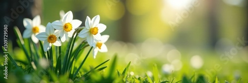 Snow-kissed narcissus sways gently in the spring breeze, early spring, white flowers