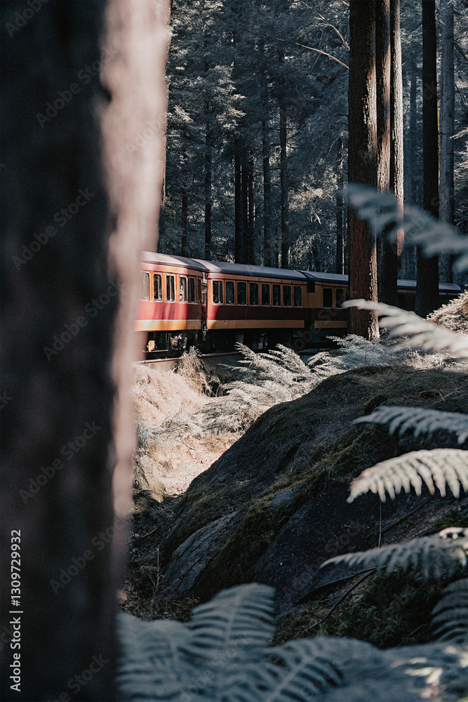 Fototapeta premium A vibrant red and yellow train, showcasing its bold colors and dynamic design, ready for an exciting journey ahead