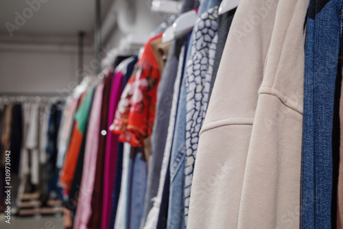 A close-up view of a clothing rack featuring a variety of stylish garments, including jackets, dresses, and denim pieces. 