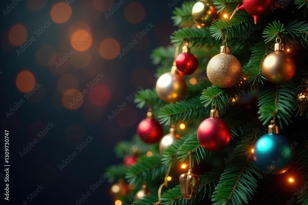 Sparkling ornaments and lights adorn a festive Christmas tree, colorful balls, jingle bells, evergreen tree Sparkling ornaments and lights adorn a festive Christmas tree, colorful balls, jingle bells, evergreen tree
