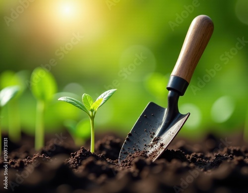 Young Plant Sprout with Gardening Trowel in Soil