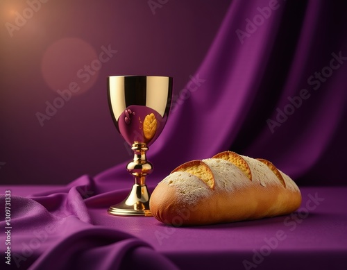 Holy Communion Chalice and Bread on Purple Cloth