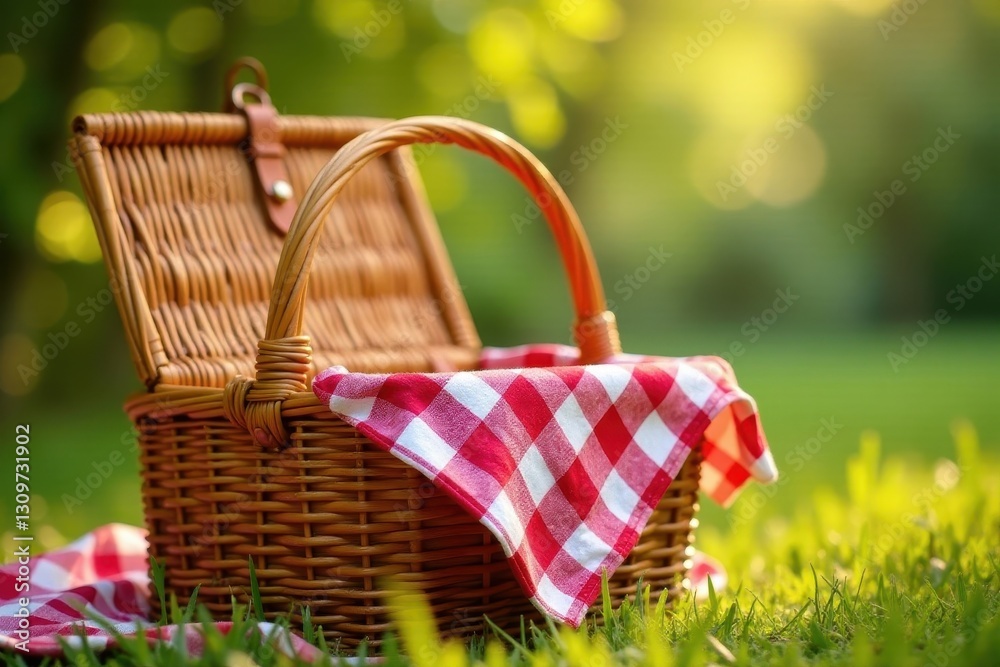 Rustic brown wicker picnic basket, red gingham cloth lining , background, red, white