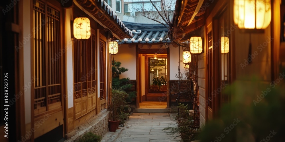 An illuminated alleyway with traditional buildings and paper lanterns An illuminated alleyway with traditional buildings and paper lanterns