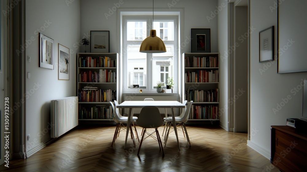 Fototapeta premium Cozy Modern Dining Room with Bookshelves and Natural Light