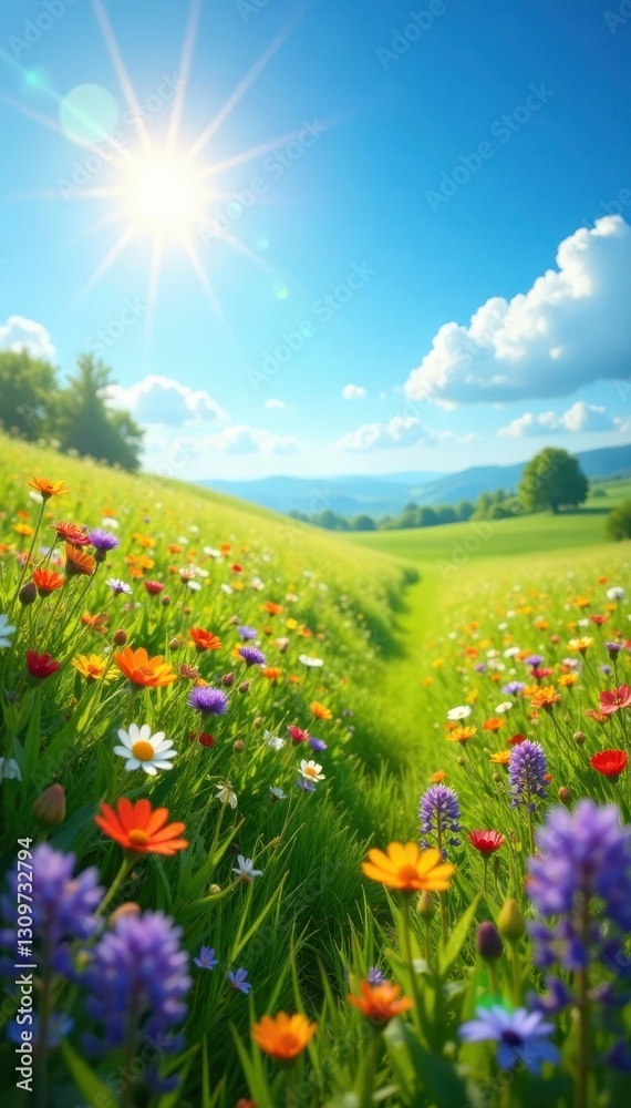Fototapeta premium Sun-drenched meadow, vibrant wildflowers, azure sky, freshness, blossom