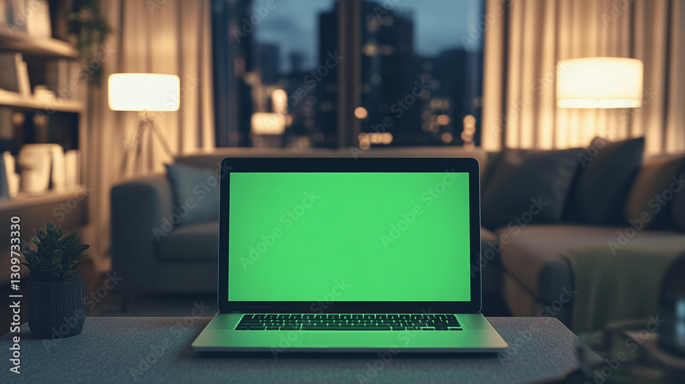 working from home concept, laptop with green screen indoor scene, in a modern decorated home, windows open sun rays day lighting remote work 3d rendering composition working from home concept, laptop with green screen indoor scene, in a modern decorated home, windows open sun rays day lighting remote work 3d rendering composition
