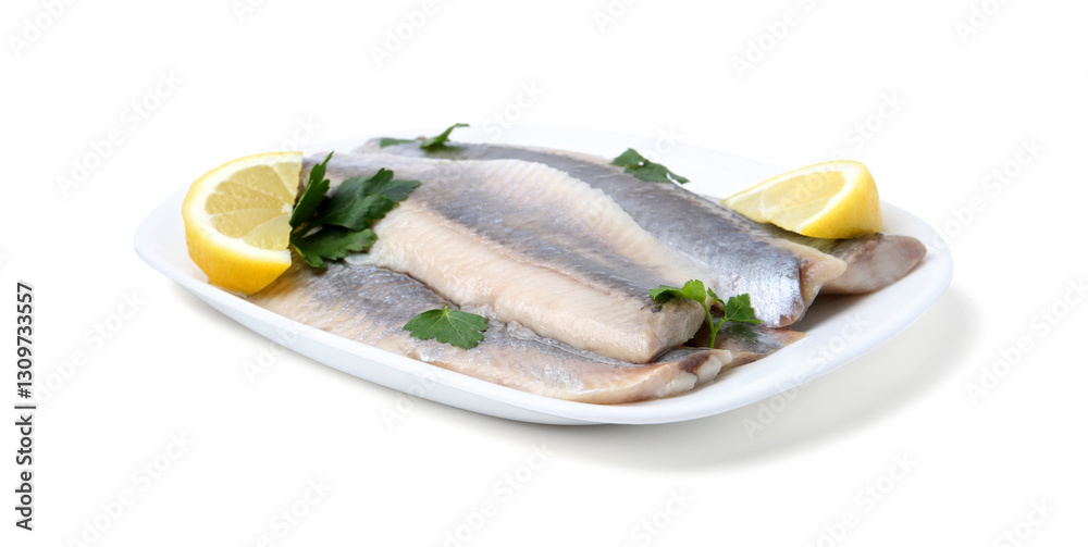 Marinated herring fillets with lemon and parsley isolated on white Marinated herring fillets with lemon and parsley isolated on white