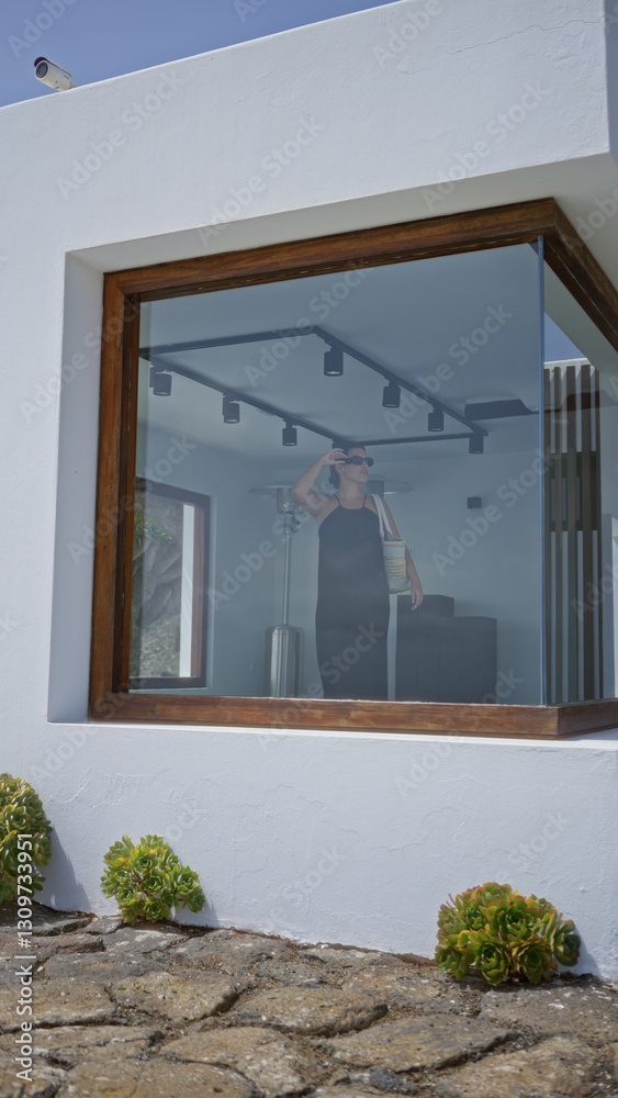 Fototapeta premium Woman inside modern house with large window and white walls, captured from outside on a bright day.