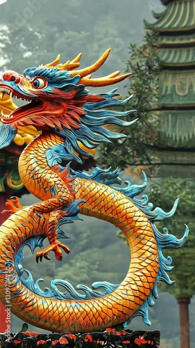 Wallpaper Mural Colorful dragon sculpture surrounded by lush greenery in a traditional setting Torontodigital.ca