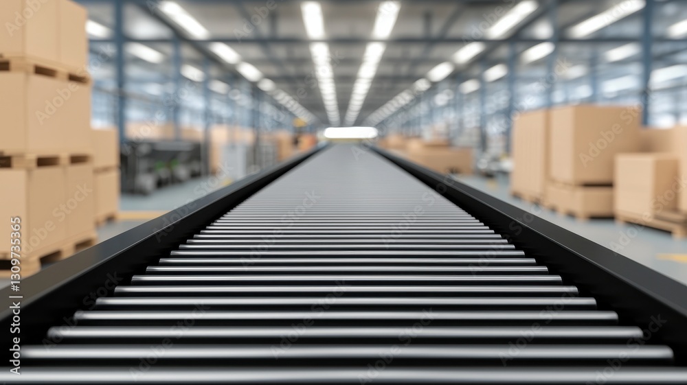 A conveyor belt stretches through a spacious warehouse filled with stacked boxes, illuminated by overhead lights.