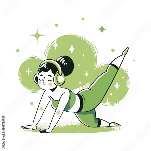 Vector stylized illustration of a woman practicing yoga while listening to music with headphones. Modern, relaxing, and mindful design.