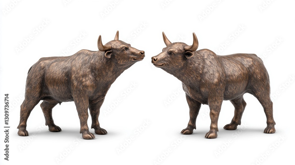 Naklejka premium Bronze Bull Statues Facing Each Other Against White Background