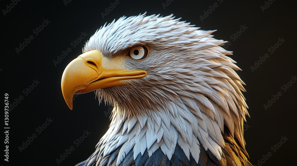 Fototapeta premium A majestic bald eagle's head and shoulders, turned subtly to the left, exhibit striking golden eyes and powerful talons, poised gracefully against a natural backdrop