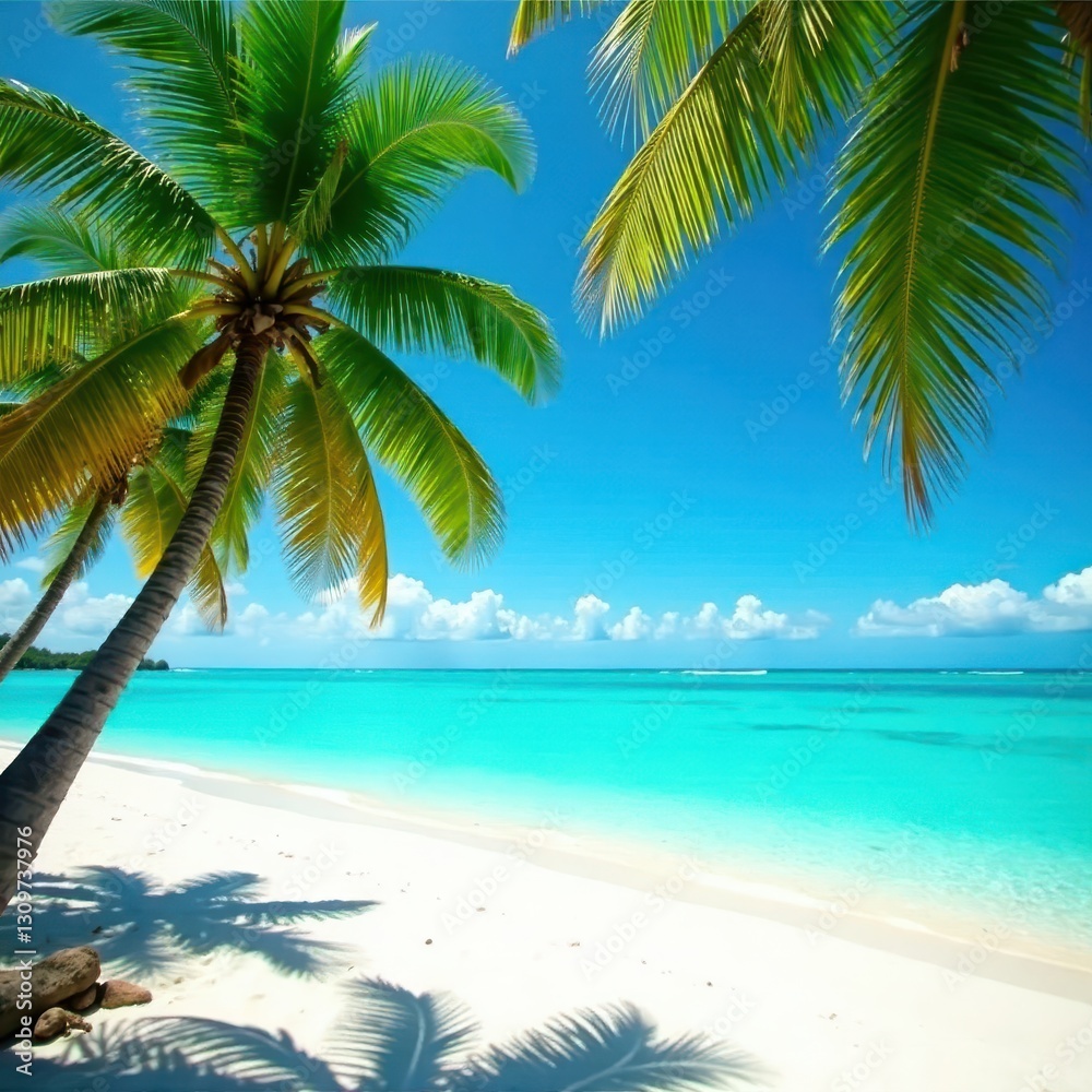 Palm trees fringe white sand beach on turquoise ocean , scenery, relaxing Palm trees fringe white sand beach on turquoise ocean , scenery, relaxing