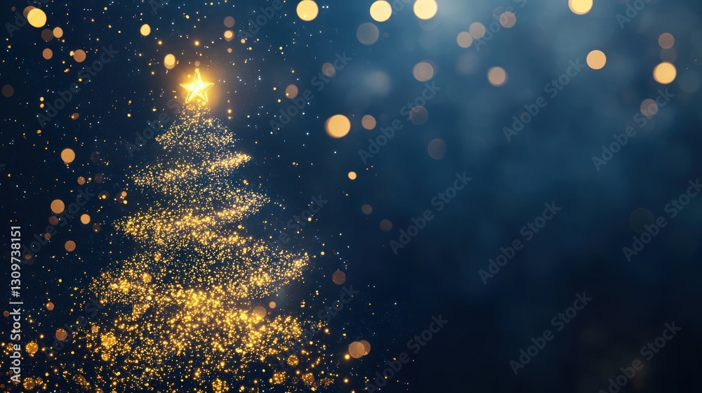 Obraz premium golden bokeh lights creating the shape of a glowing Christmas tree against a dark blue background, magical holiday spirit concept, premium stock photo