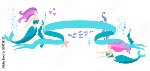 Background with mermaids. Image of underwater wonders or fabulous creations.
