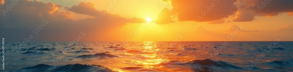 Golden hues paint the sky, reflecting on calm ocean waves, calm, reflection, color Golden hues paint the sky, reflecting on calm ocean waves, calm, reflection, color