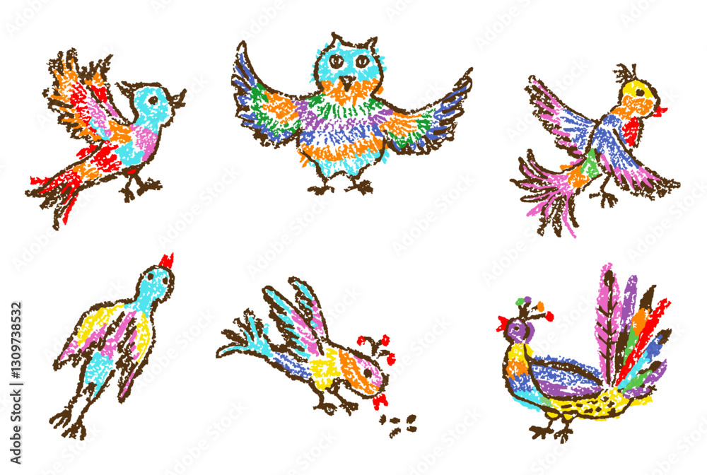 Tropical crazy fantastic doodle birds set. Crayon like kid`s hand drawn colorful bright funny jungle flying monsters character. Vector pastel chalk or pencil childlike cartoon owl, lark art