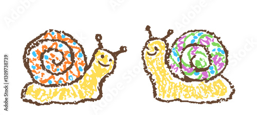 Two crazy smiling friendly snails. Crayon like kid`s hand drawn bright colorful jungle happy cartoon doodle cute character. Vector pastel chalk or pencil childlike simple naive art