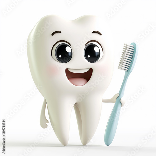 Happy Tooth Holding a Blue Toothbrush on a White Background
