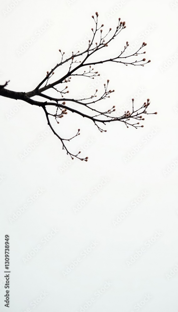Dark isolated branches on white background with a few drops of water, solitude, calmness
