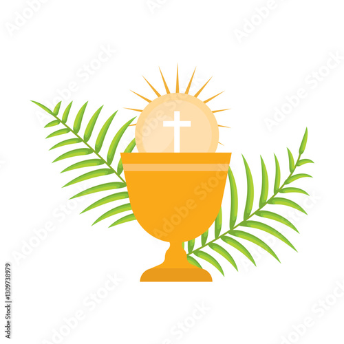 Golden Chalice with Eucharist Host and Cross Symbol with Palm Leaves — Religious Sacrament Concept