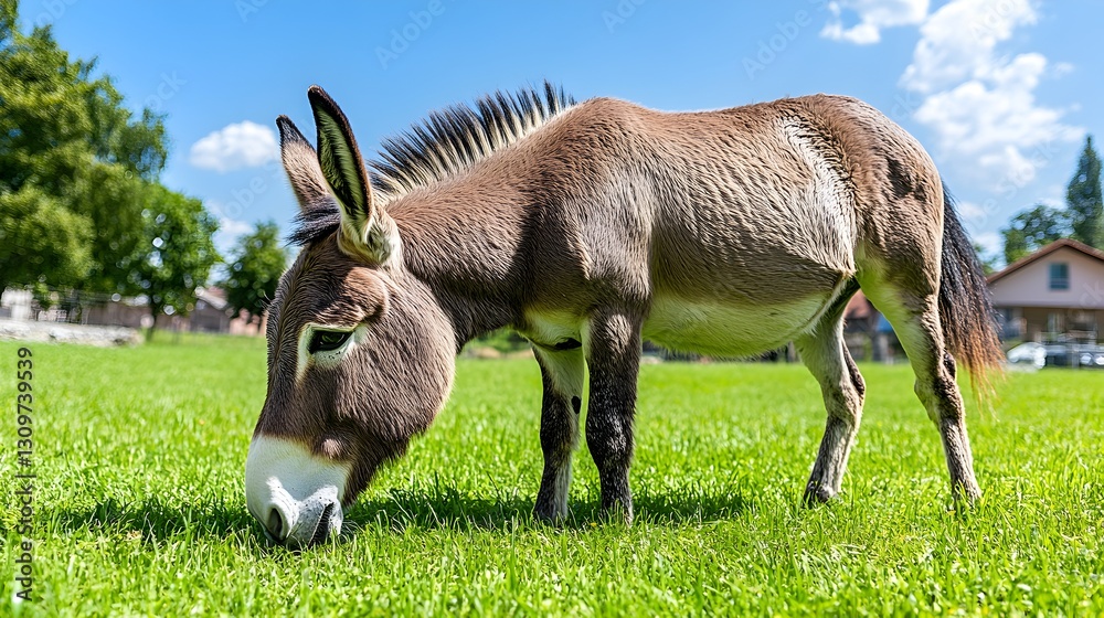 A beautiful fat donkey grazing peacefully in a lush green grassland under the clear blue sky in nature A beautiful fat donkey grazing peacefully in a lush green grassland under the clear blue sky in nature