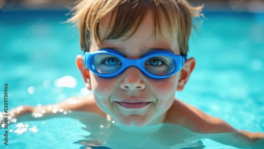 Naklejka premium Portrait of a cute child wearing glasses in the swimming pool, playing sports in the pool, summer fun