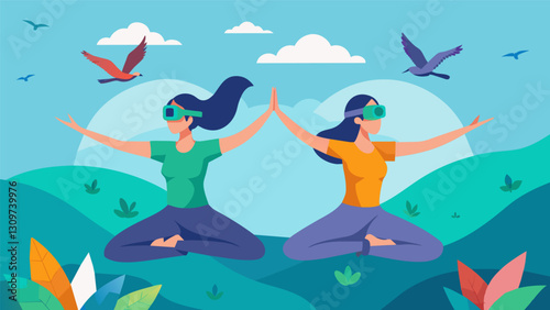 Two aerial yoga partners using VR to visualize themselves as graceful birds soaring high above a virtual countryside while performing synchronized. Vector illustration