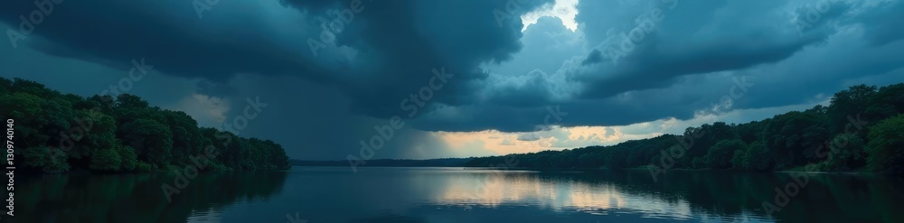 Dark stormy clouds gather over the tranquil river, thunderstorm, gloomy, dark clouds Dark stormy clouds gather over the tranquil river, thunderstorm, gloomy, dark clouds