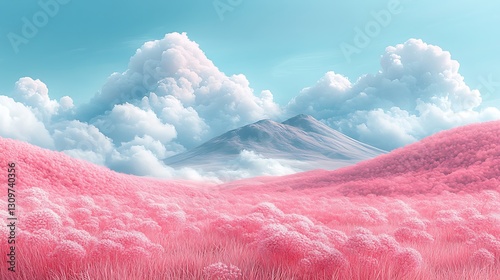 Soft pink bubble-like clouds float gently across a dreamy landscape with a smooth undulating mountain in the background under a clear sky creating a surreal scene