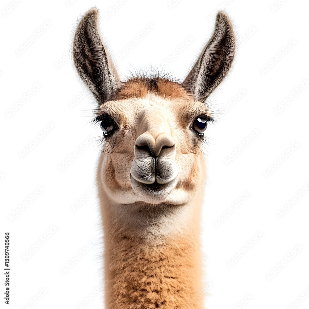 Obraz premium Llama portrait isolated on a clean white background showcasing its distinctive traits and soft fur texture
