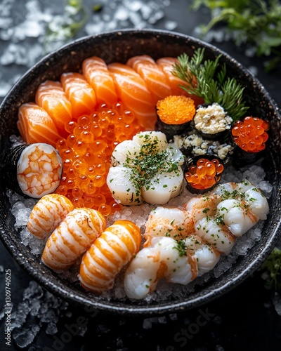 Assorted Sushi And Sashimi In Dark Bowl photo