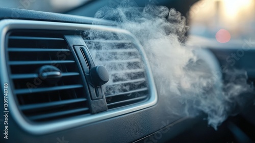 Close-up of an air conditioning unit in a car: centered vent with a sleek black knob to the left, subtly angled for airflow elegance photo