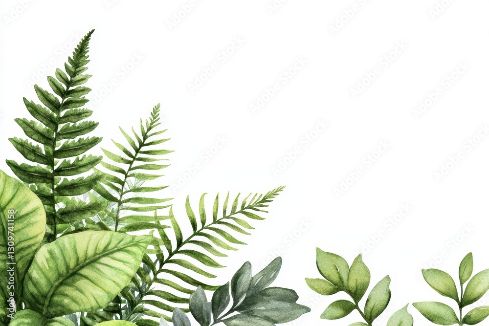 Fototapeta premium Vibrant Watercolor Painting of Various Green Leafy Plants with Delicate Details