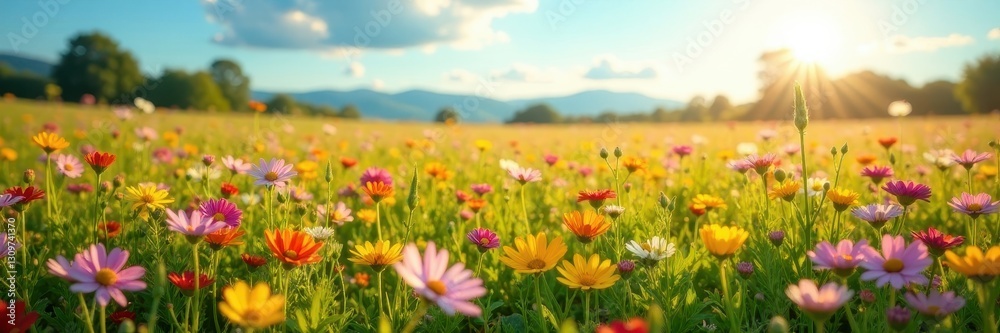 Vibrant wildflowers carpet sun-drenched field, blue, purple, red Vibrant wildflowers carpet sun-drenched field, blue, purple, red