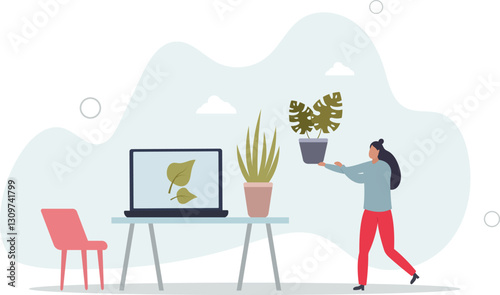 Business people concept.Character work at a green sustainable office with plants.flat character life .