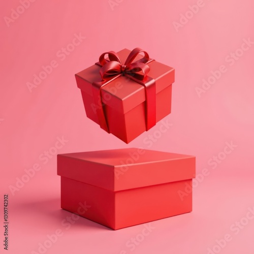 Red gift box floats above empty box, pink background, celebration, floating box